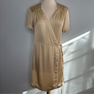 Rouje Women’s Janet Wrap Mini Satin Dress Short Sleeve In Light Beige Size 38
